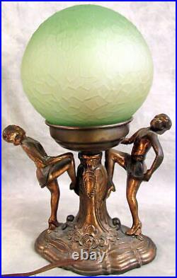 Art Deco bronze style base female figures glass globe boudoir accent lamp