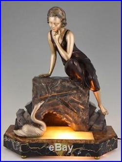 Art Deco figural lamp sculpture lady with swan Uriano France 1930