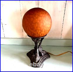 Art Glass Globe Table Lamp Mounted on Bronze Dolphin Base, Art Deco Era