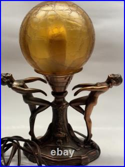 Art Nouveau Amber Brain Glass Globe Shade 2 Dancing Lady Lamp Vintage Art Deco