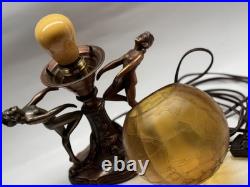 Art Nouveau Amber Brain Glass Globe Shade 2 Dancing Lady Lamp Vintage Art Deco