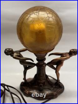 Art Nouveau Amber Brain Glass Globe Shade 2 Dancing Lady Lamp Vintage Art Deco