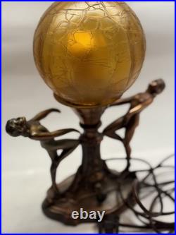Art Nouveau Amber Brain Glass Globe Shade 2 Dancing Lady Lamp Vintage Art Deco