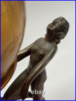 Art Nouveau Amber Brain Glass Globe Shade 2 Dancing Lady Lamp Vintage Art Deco