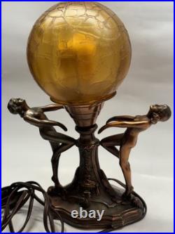 Art Nouveau Amber Brain Glass Globe Shade 2 Dancing Lady Lamp Vintage Art Deco