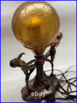 Art Nouveau Amber Brain Glass Globe Shade 2 Dancing Lady Lamp Vintage Art Deco