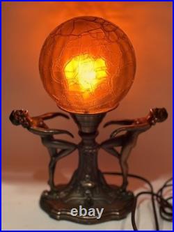 Art Nouveau Amber Brain Glass Globe Shade 2 Dancing Lady Lamp Vintage Art Deco