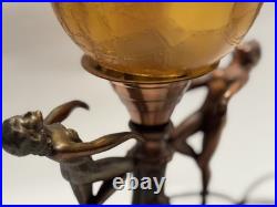 Art Nouveau Amber Brain Glass Globe Shade 2 Dancing Lady Lamp Vintage Art Deco