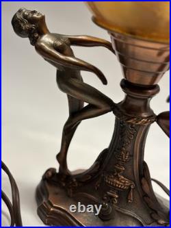 Art Nouveau Amber Brain Glass Globe Shade 2 Dancing Lady Lamp Vintage Art Deco