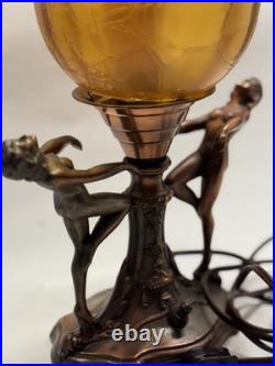 Art Nouveau Amber Brain Glass Globe Shade 2 Dancing Lady Lamp Vintage Art Deco
