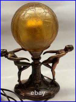 Art Nouveau Amber Brain Glass Globe Shade 2 Dancing Lady Lamp Vintage Art Deco