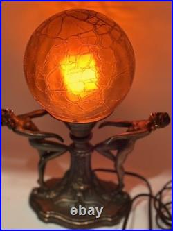 Art Nouveau Amber Brain Glass Globe Shade 2 Dancing Lady Lamp Vintage Art Deco