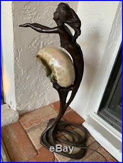 Art Nouveau Bronze Alphonse Mucha Mermaid Woman Sea Shell Table Lamp
