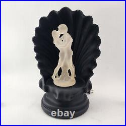 Art Nouveau Deco Black Clam Shell Lamp w Rotating Naked Color Changing Statue