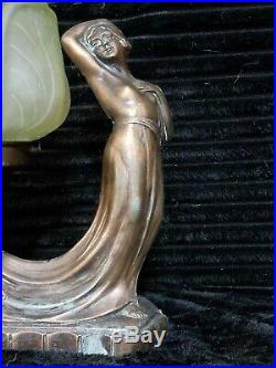 Art Nouveau Spelter Figural Ladies Lamp No 192 with Uranium Glass Shade Art Deco