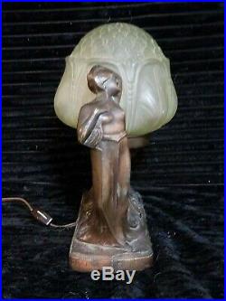 Art Nouveau Spelter Figural Ladies Lamp No 192 with Uranium Glass Shade Art Deco