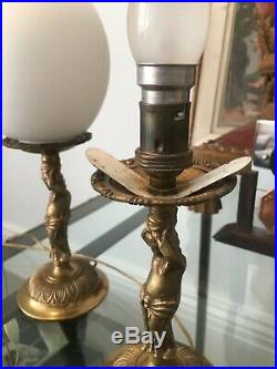 Art Nouveau pair of French cast bronze lamp base and opaline shades 26cm