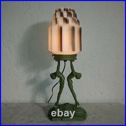 Art deco Frankart green spelter nude lady skyscraper Spritzdekor glass lamp 1930