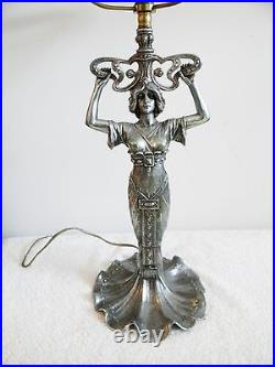 Art deco French female form table lamp silver patina