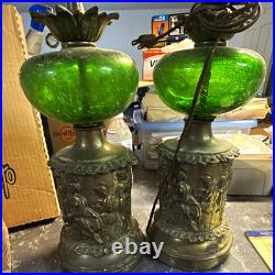 Art deco Green Crackle Glass Globe Table Lamps Figural Bases Antique Bronze 2