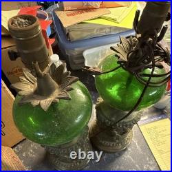 Art deco Green Crackle Glass Globe Table Lamps Figural Bases Antique Bronze 2 Art deco Green Crackle Glass Globe Table Lamps Figural Bases Antique Bronze 2