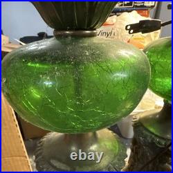 Art deco Green Crackle Glass Globe Table Lamps Figural Bases Antique Bronze 2