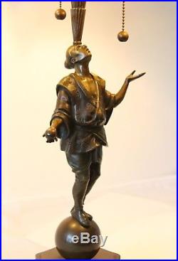 Art deco Jugendstil bronze Table Lamp Roland Paris, Circus Juggling Globe Walker