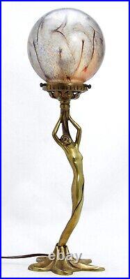 Art deco bronze Table Lamp, by P. Lucas + iridescent glass shade. H 49cm/19inch