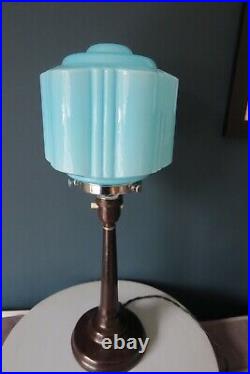 Authentic Art Deco Bakelite/ Phenolic Table Lamp With Blue Glass Shade