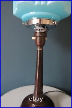 Authentic Art Deco Bakelite/ Phenolic Table Lamp With Blue Glass Shade