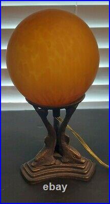 Awesome Vintage Art Deco Brass Dolphin Lamp with Amber Glass Shade. Beautiful