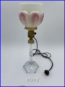 Beautiful! 1920's Art Deco Boudoir Lamp Glass Base&Pink Tulip Shade Cloth Cord