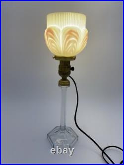 Beautiful! 1920's Art Deco Boudoir Lamp Glass Base&Pink Tulip Shade Cloth Cord