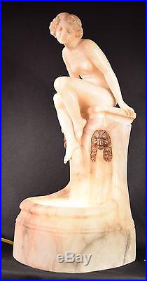 Beautiful Alabaster Art Deco Nude Lady Sculpture Lamp Signed Prof. G. Benji