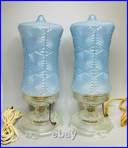 Beautiful Pair of Vintage House Glass Art Deco Blue and Clear Boudoir Lamps