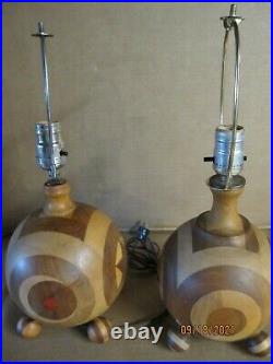 Beautiful pair of vintage Art Deco Wood handmade lamps with Inlaid Parquetry