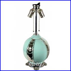 Birks Art Deco Ceramic Lamp Celadon with Chrome-Color Decoration Double Socket