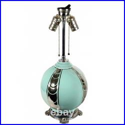 Birks Art Deco Ceramic Lamp Celadon with Chrome-Color Decoration Double Socket