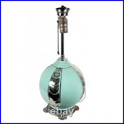 Birks Art Deco Ceramic Lamp Celadon with Chrome-Color Decoration Double Socket