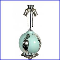 Birks Art Deco Ceramic Lamp Celadon with Chrome-Color Decoration Double Socket