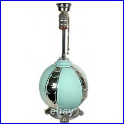 Birks Art Deco Ceramic Lamp Celadon with Chrome-Color Decoration Double Socket