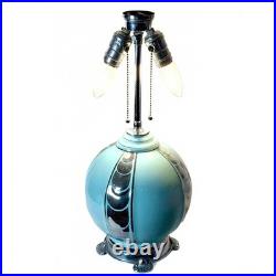 Birks Art Deco Ceramic Lamp Celadon with Chrome-Color Decoration Double Socket