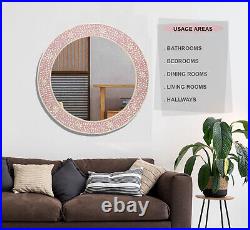 Bone Inlay Round Mirror, Wall Décor Mirror Frame, Wooden Pink Floral Art Pattern
