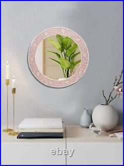 Bone Inlay Round Mirror, Wall Décor Mirror Frame, Wooden Pink Floral Art Pattern