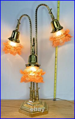 Brass 3-Stem Goose Neck Table Lamp Pink Glass Roses Nouveau Style Romance 24in