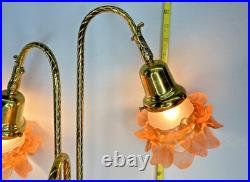 Brass 3-Stem Goose Neck Table Lamp Pink Glass Roses Nouveau Style Romance 24in