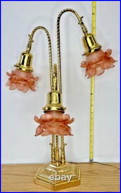 Brass 3-Stem Goose Neck Table Lamp Pink Glass Roses Nouveau Style Romance 24in