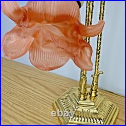 Brass 3-Stem Goose Neck Table Lamp Pink Glass Roses Nouveau Style Romance 24in