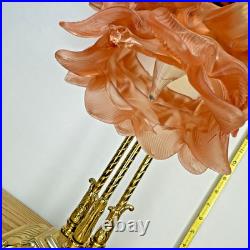 Brass 3-Stem Goose Neck Table Lamp Pink Glass Roses Nouveau Style Romance 24in
