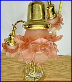 Brass 3-Stem Goose Neck Table Lamp Pink Glass Roses Nouveau Style Romance 24in Brass 3-Stem Goose Neck Table Lamp Pink Glass Roses Nouveau Style Romance 24in